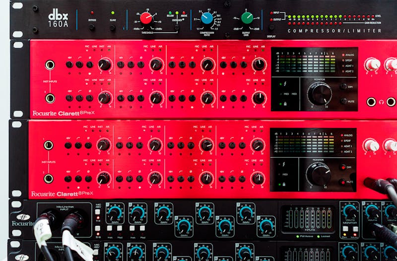 audio mixing interface showing gain levels and frequency spectrum analyzer